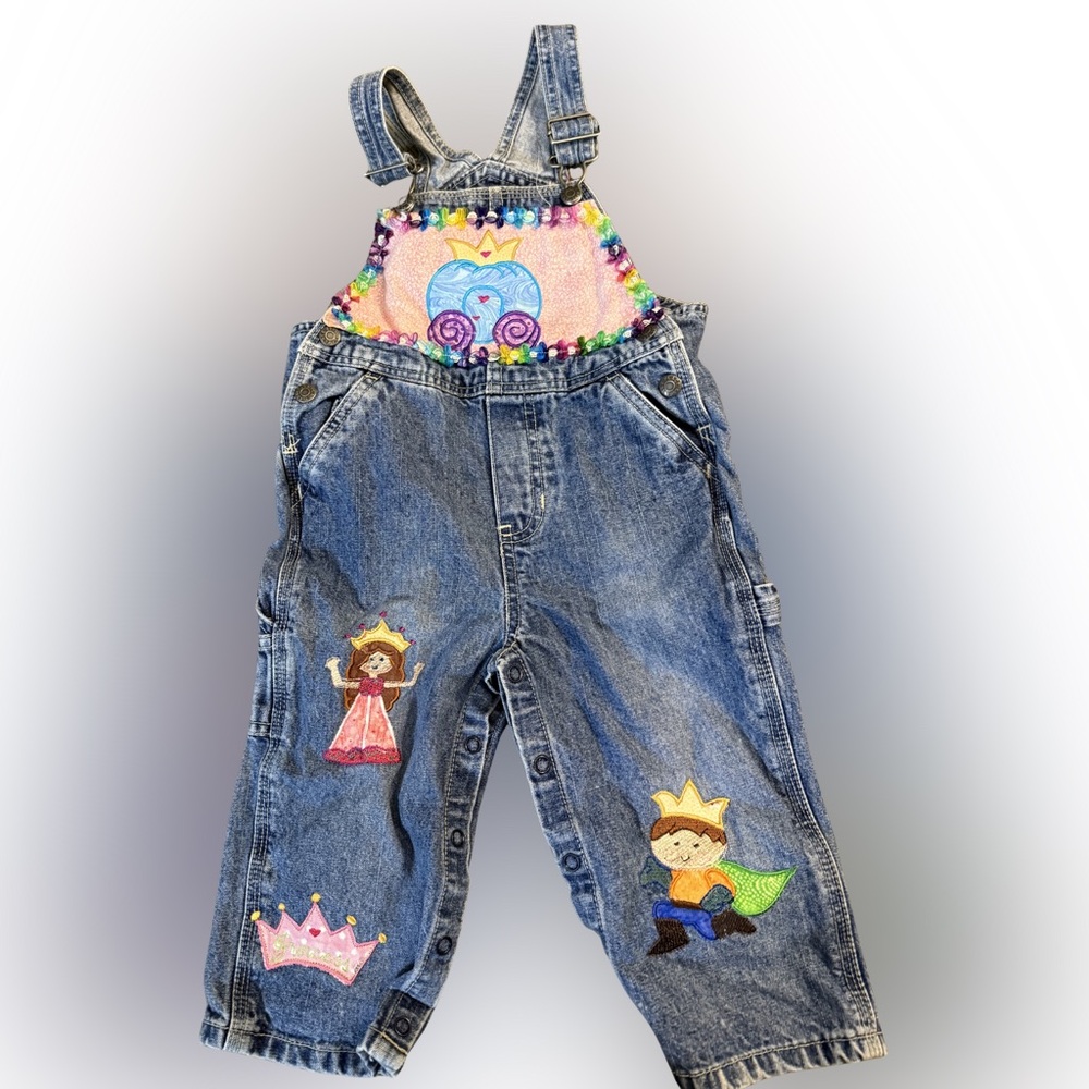 OOAK Girls Blue‎ Denim Overalls with Princess Appliqués 18mth